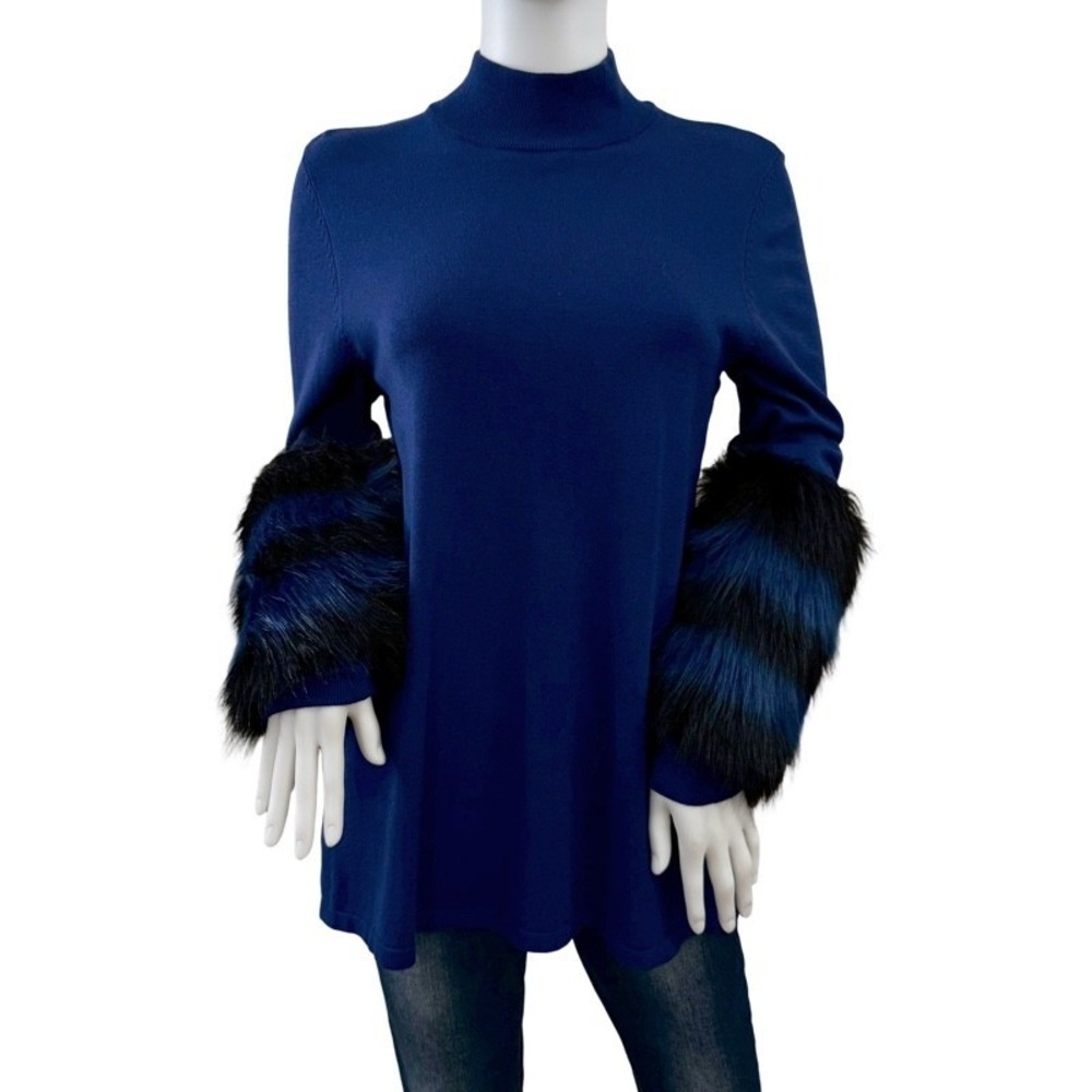 ALFANI Women's Small Navy Blue Mock Neck Sweater Faux Fur Trim Cuffs Holiday